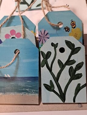 Hand-Painted Wooden Gift Tags - Blue Floral & Ocean Set